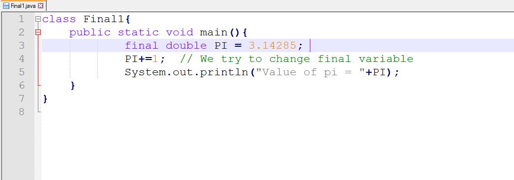This image describes the sample program supporting the concept of final keyword with variable.